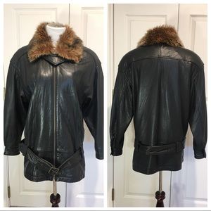 Express Black Leather Jacket with Brown Fur Collar